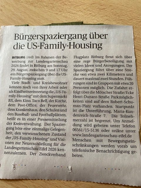 Die Engagierte Stadt Bitburg informiert zu Bürgerspaziergänge über die US-Familiy-Housing am Sonntag, 29. August.