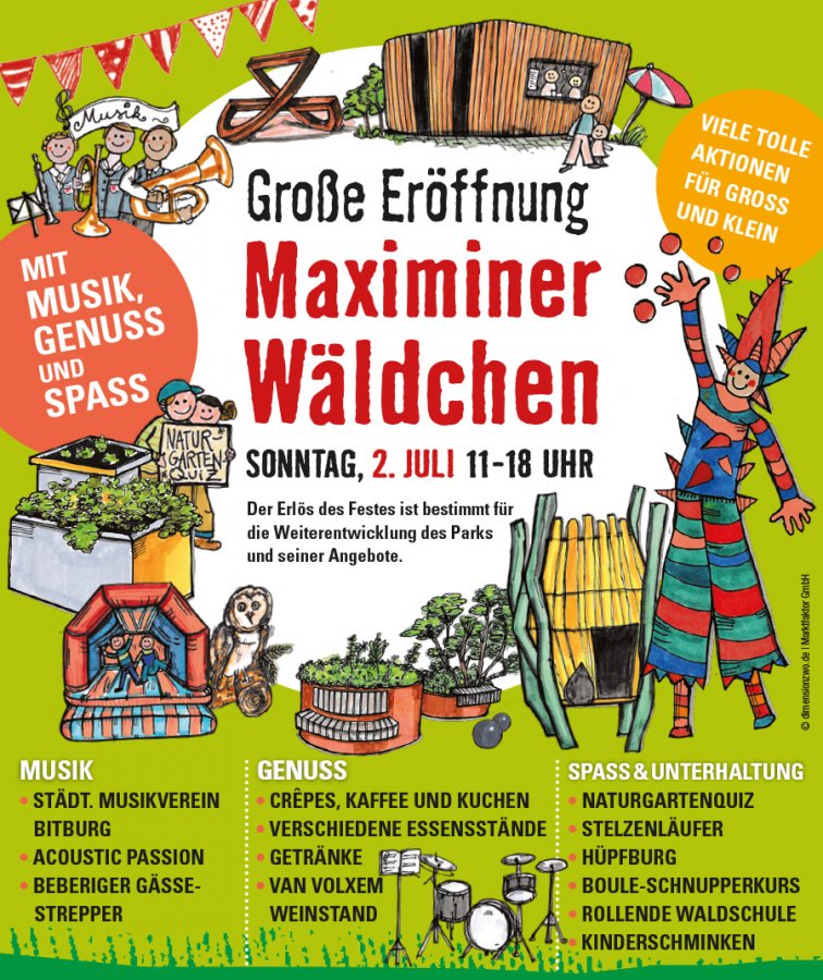 Große Eröffnung Maximiner Wäldchen am Sonntag, 2. Juli 11-18 Uhr - Mit Musik, Genuß & Spaß sowie viele tolle Aktionen für Groß und Klein! Der Erlös des Festes ist bestimmt für die Weiterentwicklung des Parks und seiner Angebote.