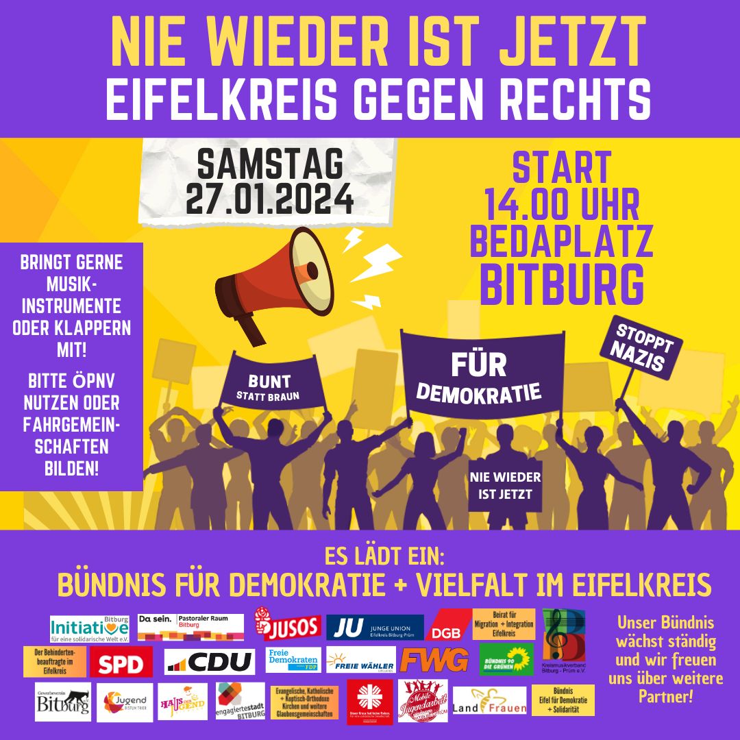 NIE WIEDER IST JETZT - Eifelkreis gegen Rechts! Als Engagierte Stadt Bitburg unterstützen wir die Veranstaltung des Bündnisses für Demokratie & Vielfalt im Eifelkreis.